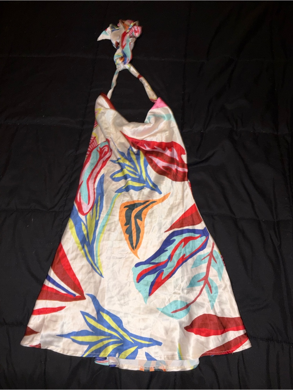 Tropical Satin Halter Mini Dress